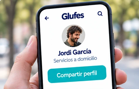 Perfil de Glufes con el nombre, servicios a domicilio y el botón Compartir perfil