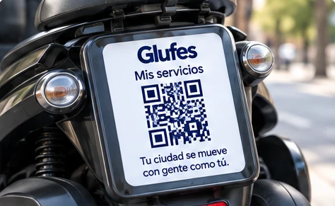 Moto aparcada con una placa de Glufes y un QR que lleva a los servicios