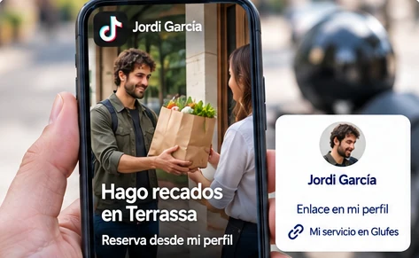 Vídeo de TikTok entregando una compra, con el enlace al servicio en la bio del perfil