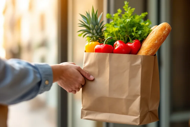 Entregando una bolsa de la compra en la puerta de una casa