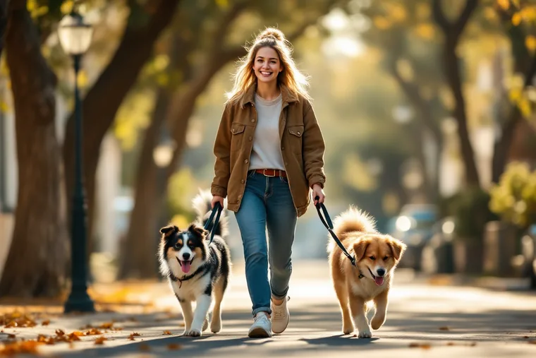 Paseando dos perros por una calle arbolada