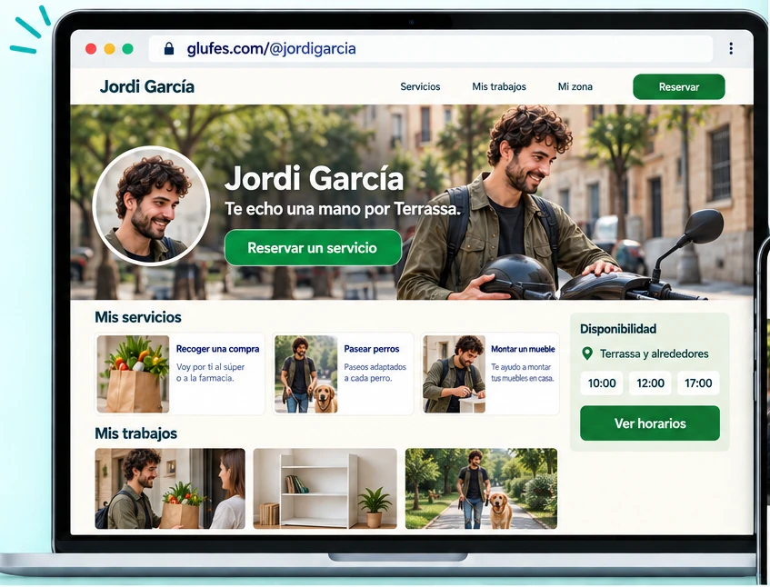 La web pública de un chico que hace recados en glufes.com/@jordigarcia, con su portada, sus servicios, sus trabajos y su disponibilidad