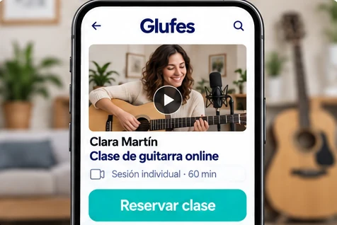 Vídeo de una clase de guitarra dentro de Glufes con el botón Reservar clase justo debajo