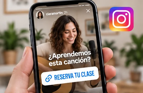 Historia de Instagram de una profesora de guitarra con un sticker de enlace que dice Reserva tu clase
