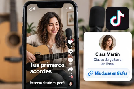 Vídeo de TikTok de una clase de guitarra y, aparte, el enlace Mis clases en Glufes desde la bio del perfil