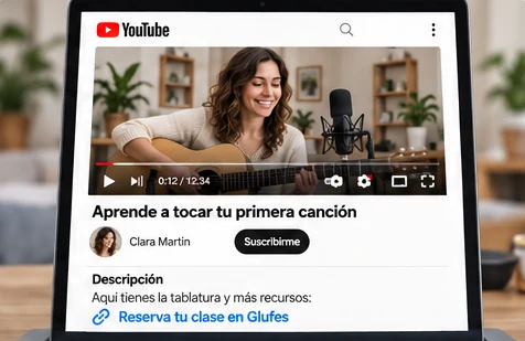 Vídeo largo de YouTube con el enlace Reserva tu clase en Glufes dentro de la descripción