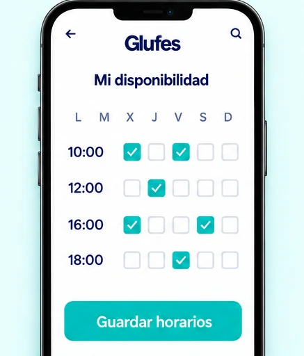 Pantalla de Glufes marcando la disponibilidad de la semana y el botón Guardar horarios