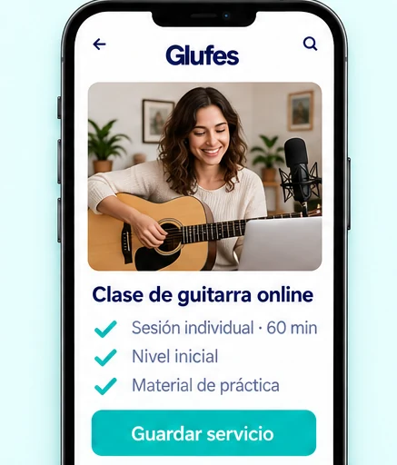 Pantalla de Glufes creando el servicio Clase de guitarra online, con lo que incluye y el botón Guardar servicio