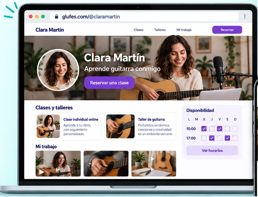 La web pública de una profesora de guitarra en glufes.com/@claramartin, con su portada, sus clases y talleres y su disponibilidad