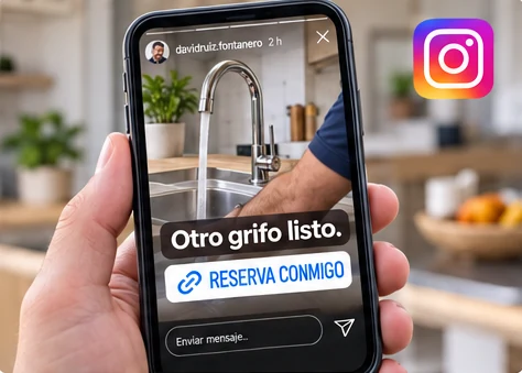 Historia de Instagram con la foto de un grifo recién instalado y un sticker de enlace que dice Reserva conmigo