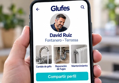 Perfil de Glufes de un fontanero con sus servicios y el botón Compartir perfil