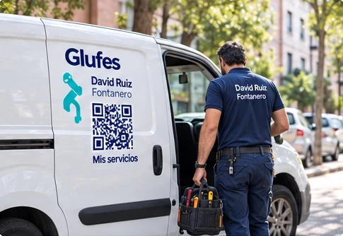 Furgoneta de trabajo con un QR rotulado junto al nombre y el oficio del profesional