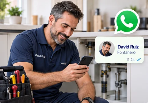 Un fontanero enviando su perfil profesional por WhatsApp tras terminar un trabajo