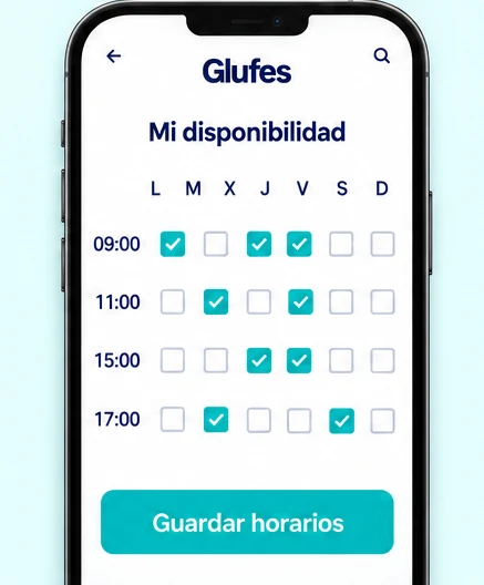 Pantalla de Glufes marcando la disponibilidad de la semana y el botón Guardar horarios