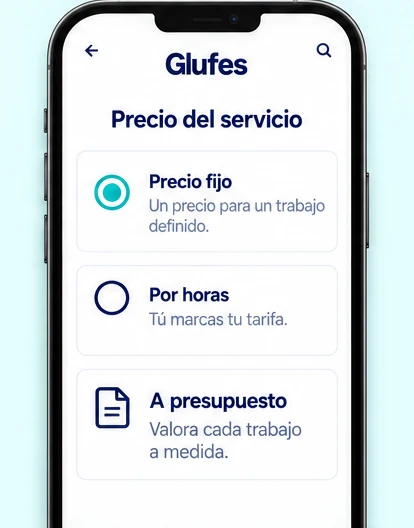 Pantalla de Glufes para elegir el precio del servicio: precio fijo, por horas o a presupuesto