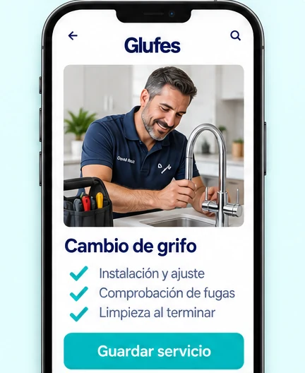 Pantalla de Glufes creando el servicio Cambio de grifo, con lo que incluye y el botón Guardar servicio