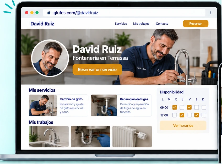 La web pública de un fontanero en glufes.com/@davidruiz, con su portada, sus servicios, sus trabajos y su disponibilidad